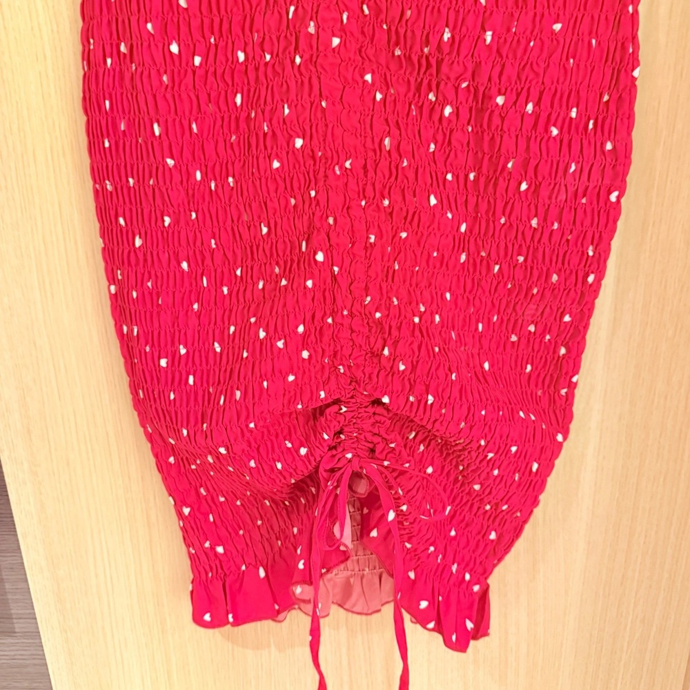 Valentines Prettygarden Red Heart Smocked Bodycon Dress Ruched Tie Puff Sleeve L - Picture 2 of 8